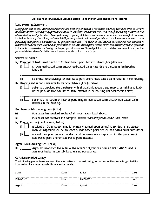 Sellers Disclosure Of Lead Paint - Pdfsimpli