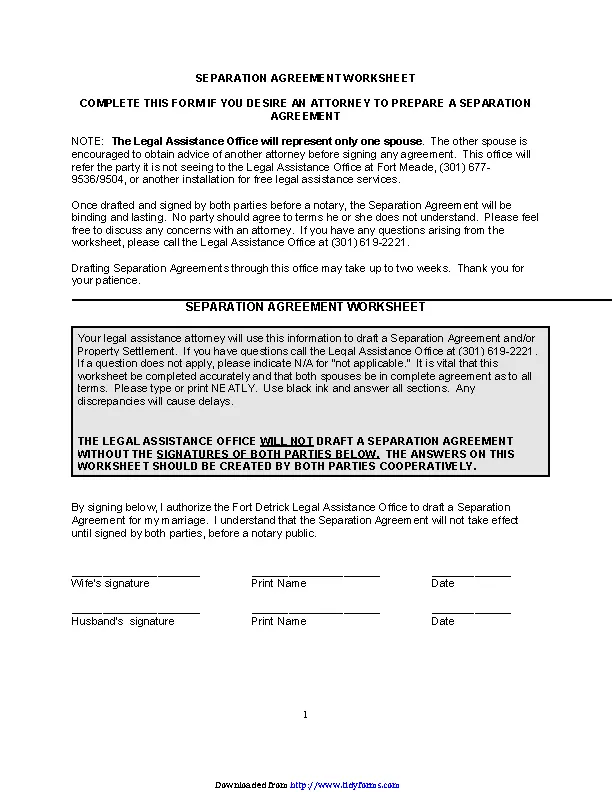 Separation Agreement Worksheet