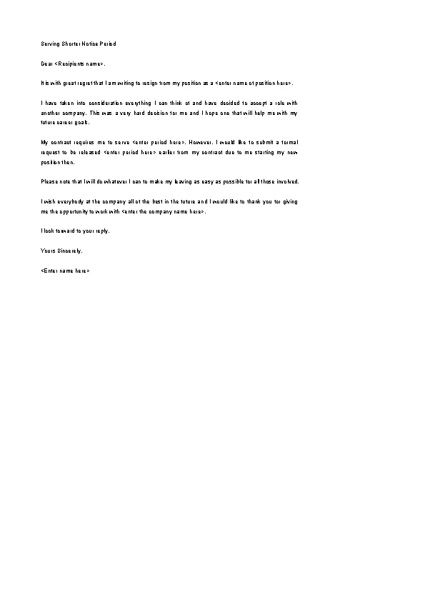 Serving Shorter Notice Period Letter Template Free Printable