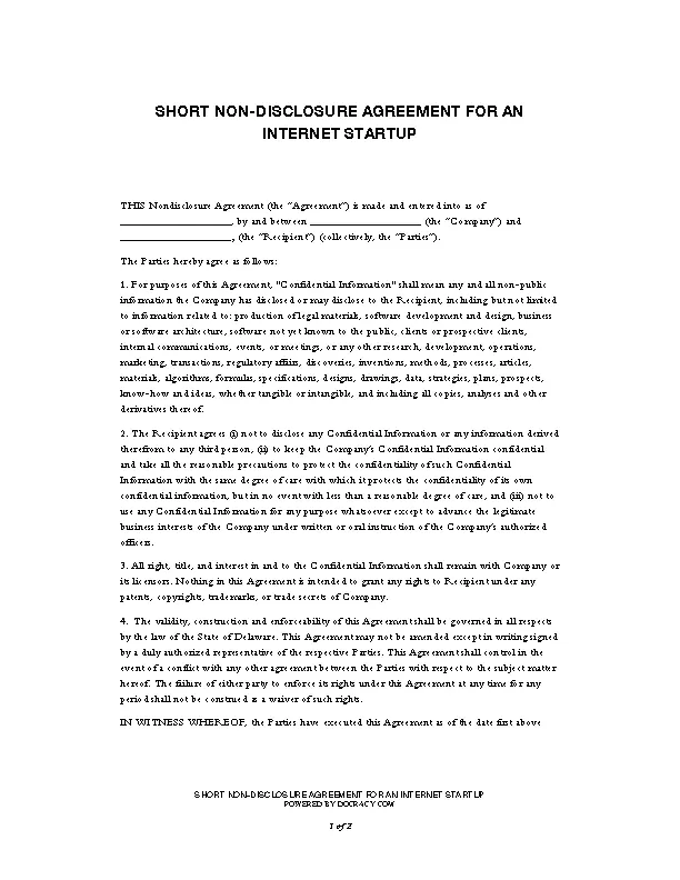 Short Non Disclosure Agreement For An Internet Startup - PDFSimpli