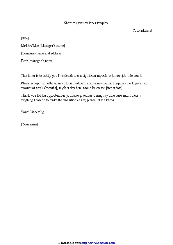 Short Resignation Letter Template PDFSimpli