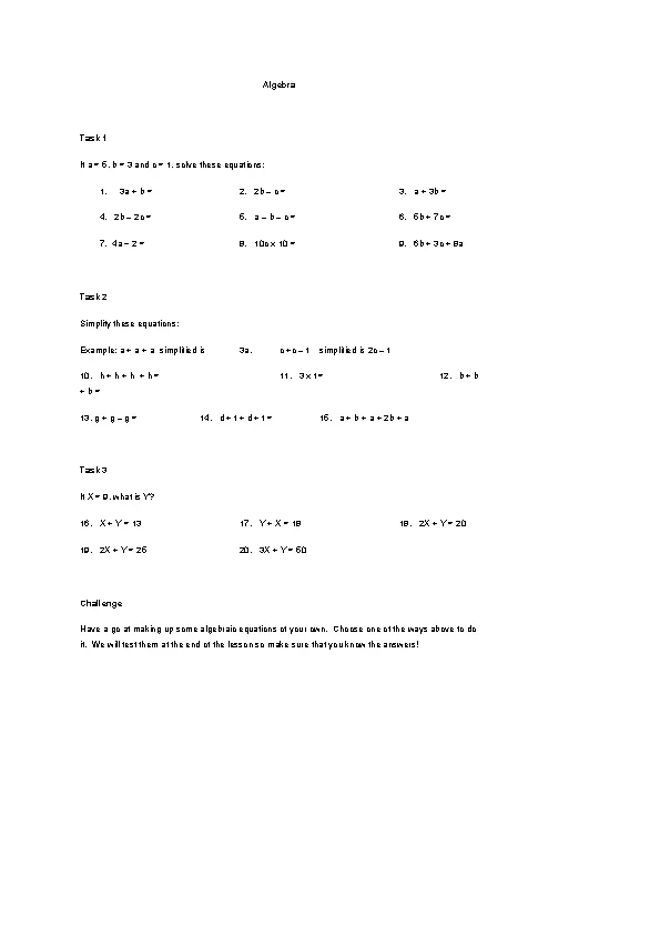 Simple Equations Worksheets
