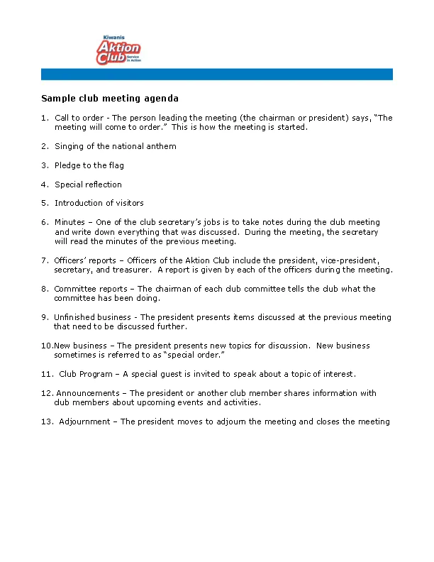 Social Club Meeting Agenda - PDFSimpli