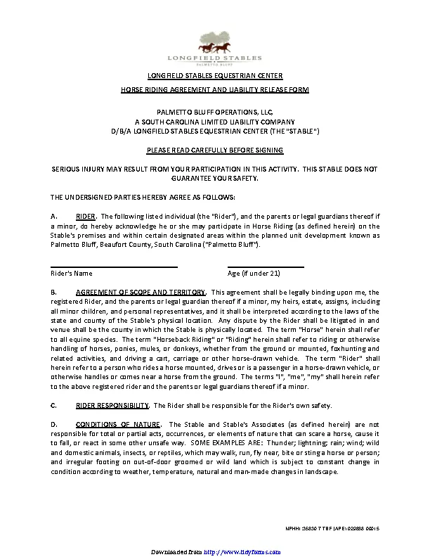 South Carolina Horse Riding Agreement And Liability Release Form