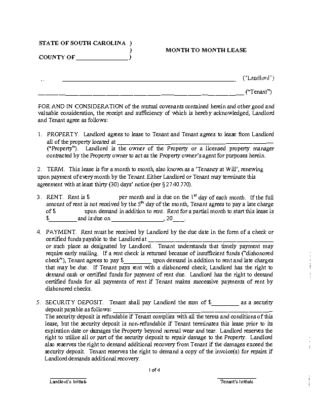 South Carolina Month To Month Rental Agreement Form