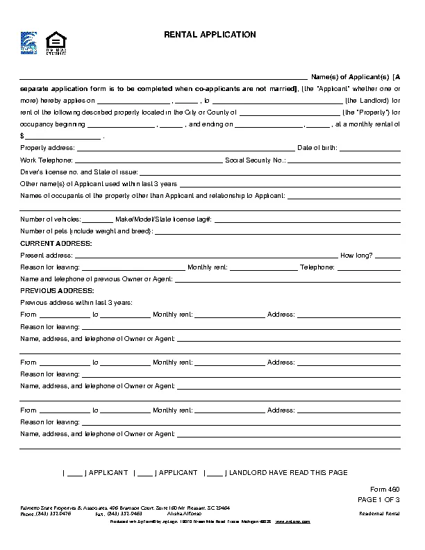 South Carolina Rental Application Form 460