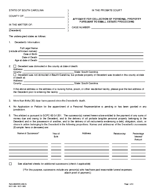 South Carolina Small Estate Affidavit Form 420Es