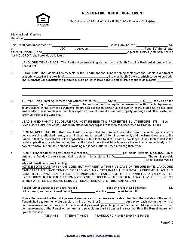 South Carolina Standard Residential Lease - PDFSimpli