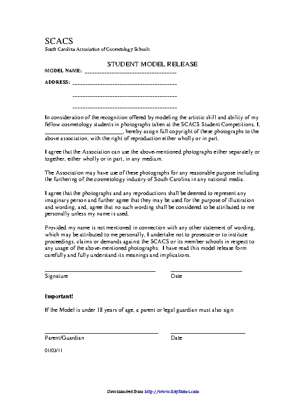 South Carolina Student Model Release Form