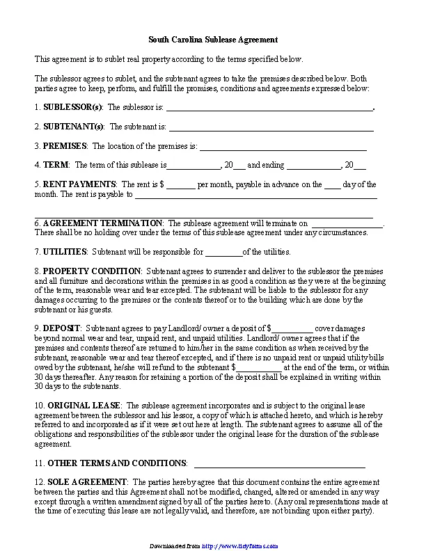 South Carolina Sublease Agreement Form - PDFSimpli