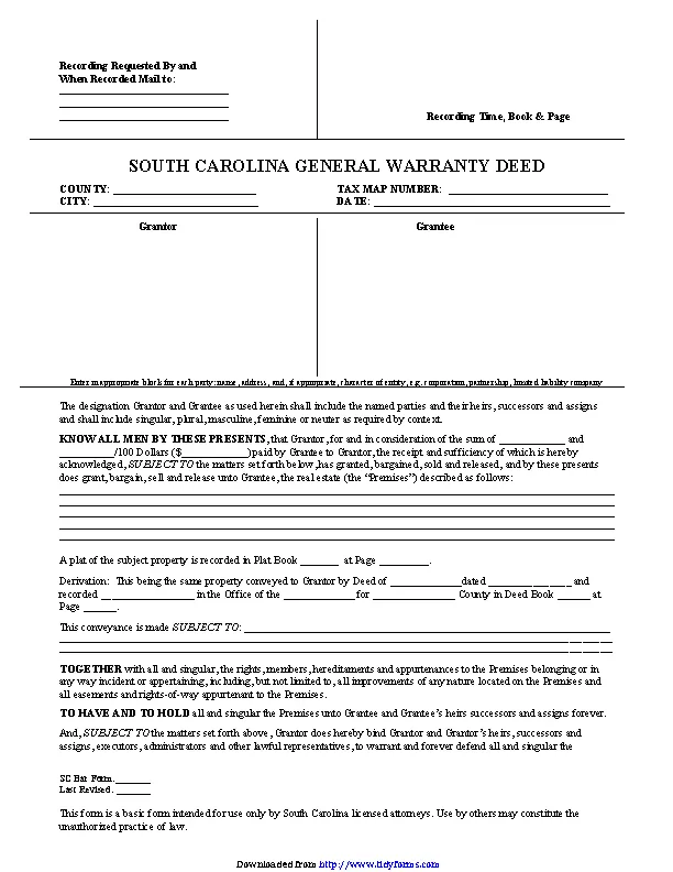 South Carolina Warranty Deed Form PDFSimpli