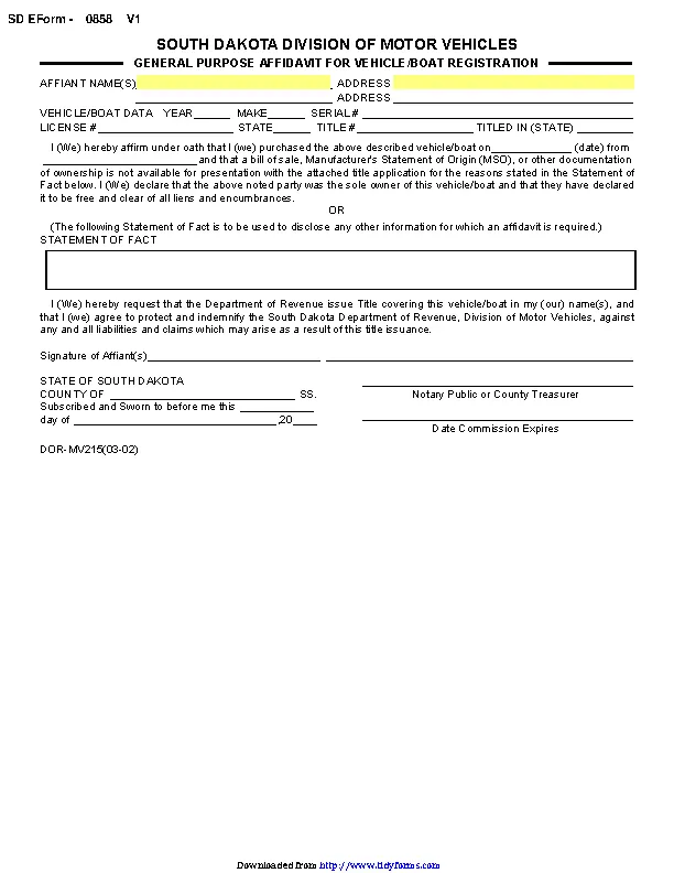 South Dakota General Purpose Affidavit For Vehicle Boat Registration