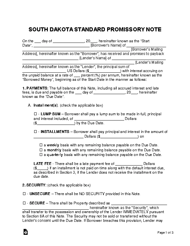 South Dakota Standard Promissory Note Template