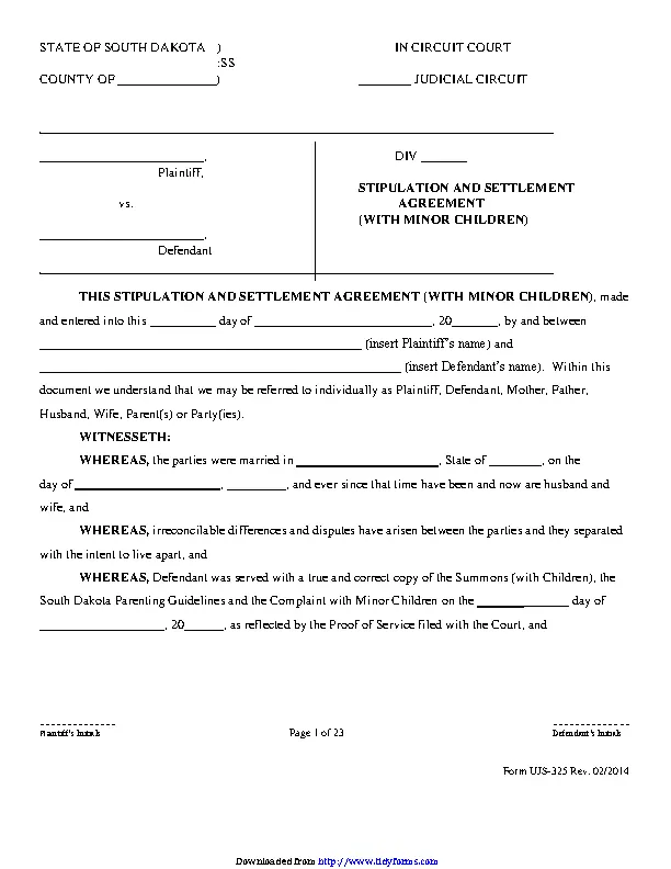 South Dakota Stipulation And Settlement Agreement With Minor Children Form