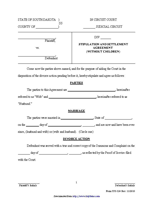 South Dakota Stipulation And Settlement Agreement Without Children Form
