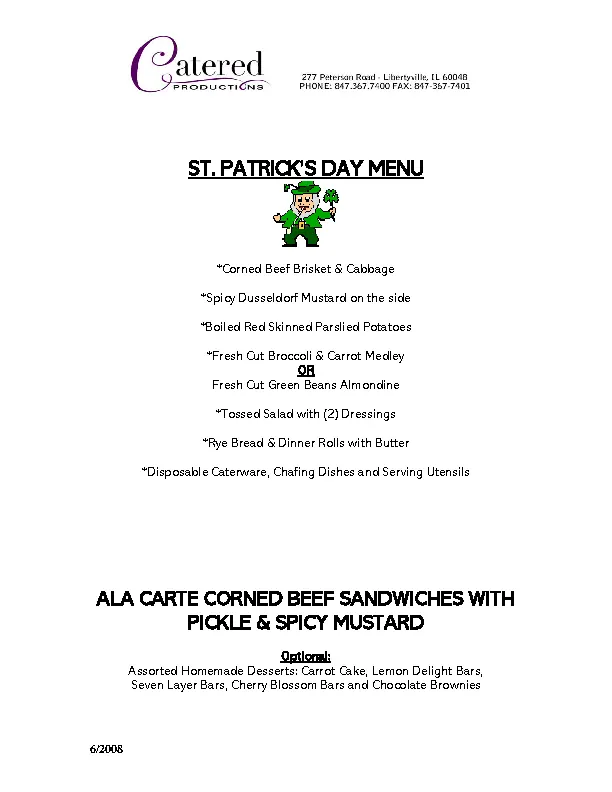St Patricks Day Event Menu