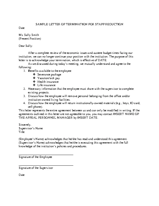 Staff Reduction Termination Letter - PDFSimpli