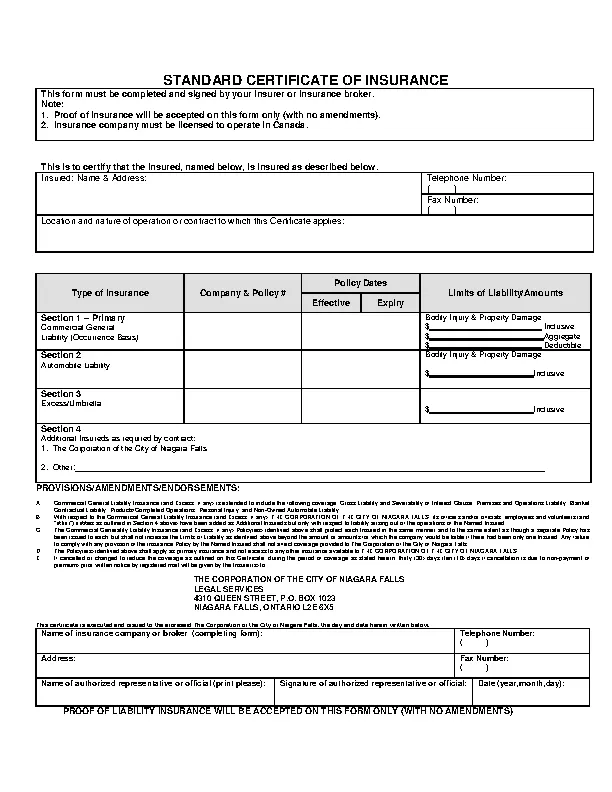 Standard Certificate Of Insurance Template Free Download