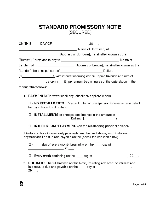 Standard Secured Promissory Note Template