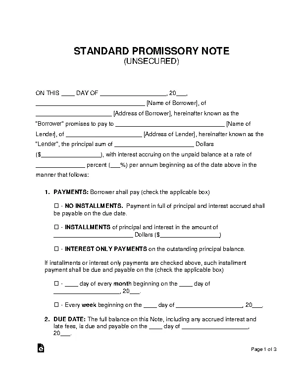 Standard Unsecured Promissory Note Template