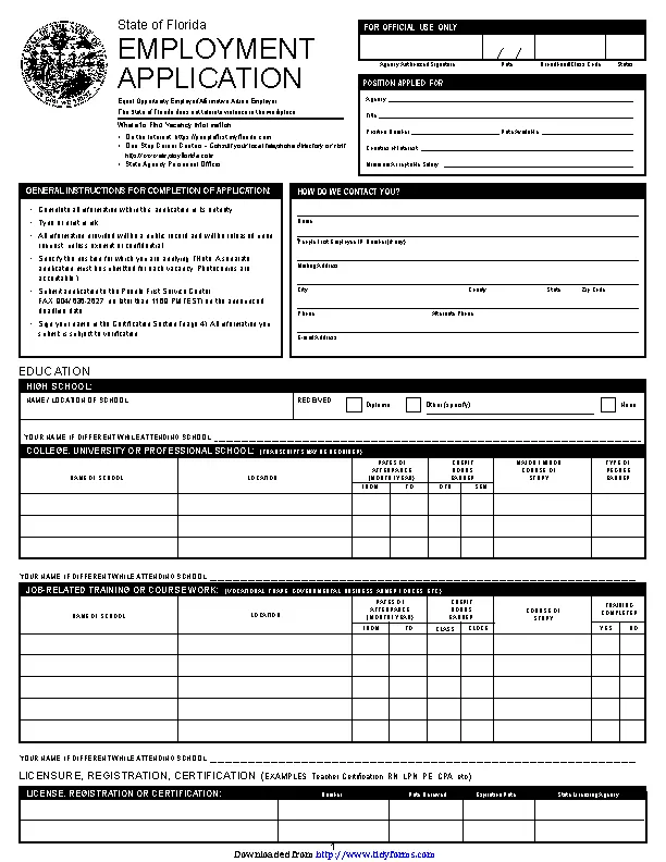 State Of Florida Employment Application 1