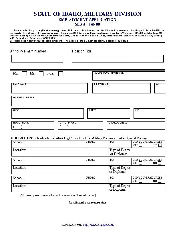 State Of Idaho Military Division Employment Application - PDFSimpli