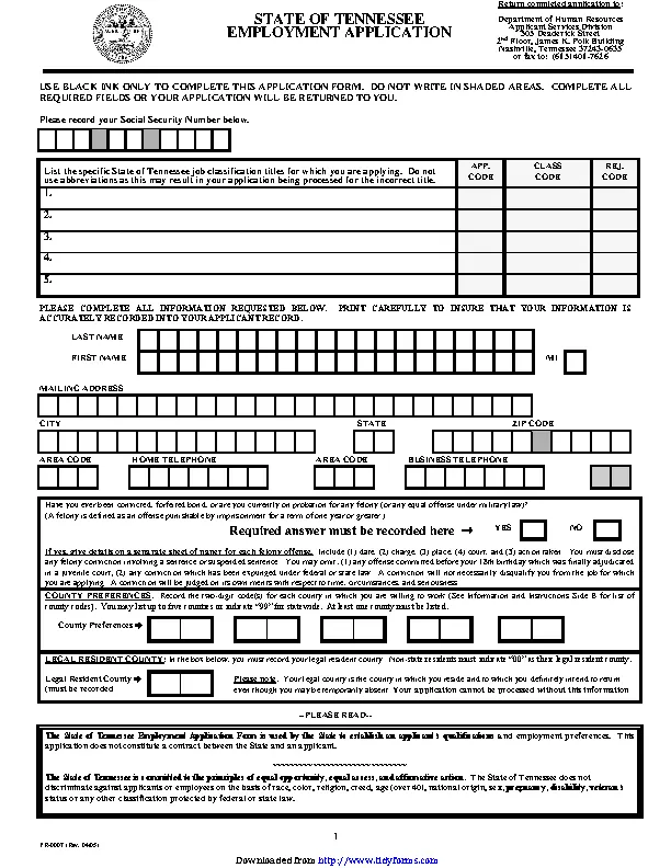 State Of Tennessee Employment Application 1 - PDFSimpli