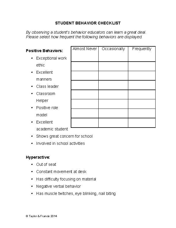 Student Behavior Checklist