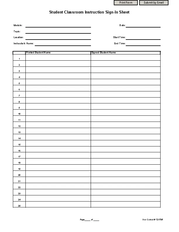 Student Classroom Instruction Sign In Sheet