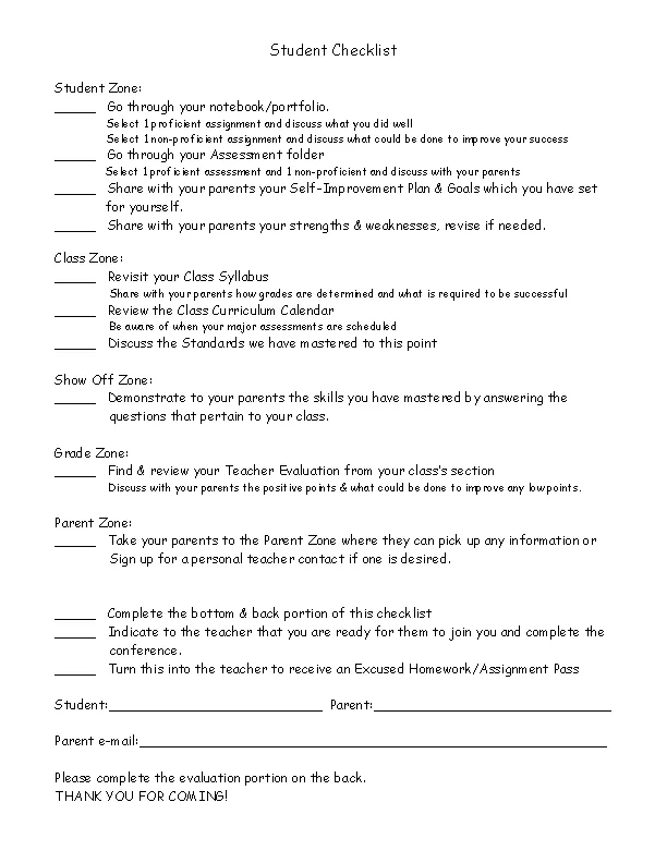 Student Led Conference Tool Student Checklist