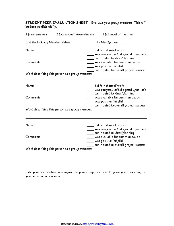 Student Peer Evaluation Form