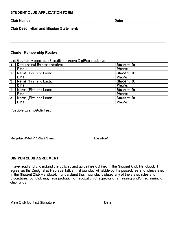 Student Sample Club Mebership Application Form Download