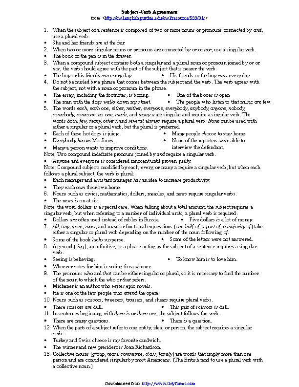 Subject Verb Agreement Elementary Exercises