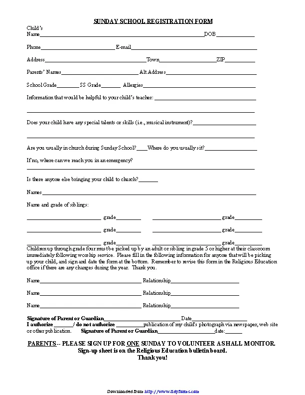 Sunday School Registration Form