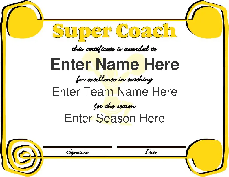 Super Coach Award Certificate With Yellow Frame Template