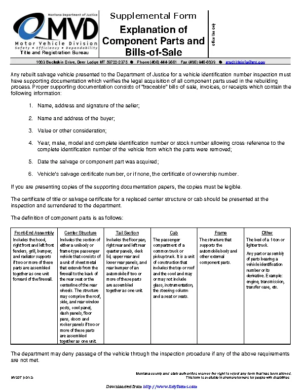 Supplemental Form For Explanation Of Component Parts And Bills Of Sale
