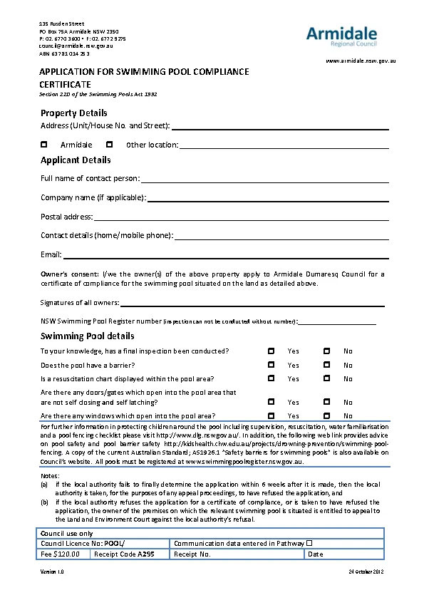 Swimming Pool Compliance Certificate Application Form Template