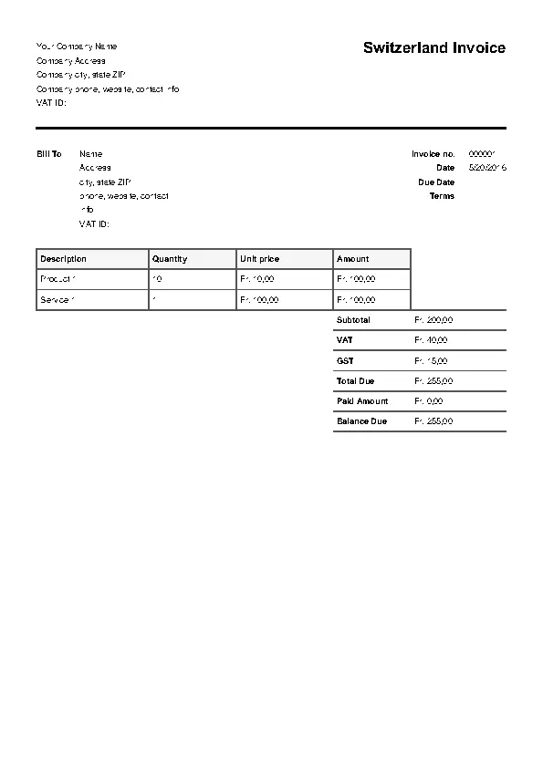 Switzerland Invoice Template - PDFSimpli