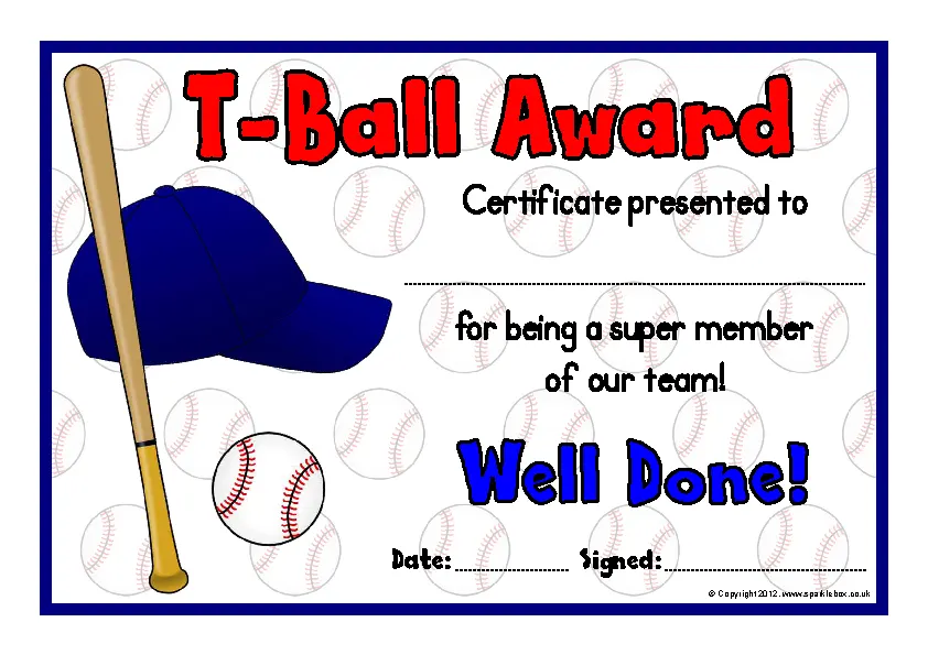 T Ball Award Certificates