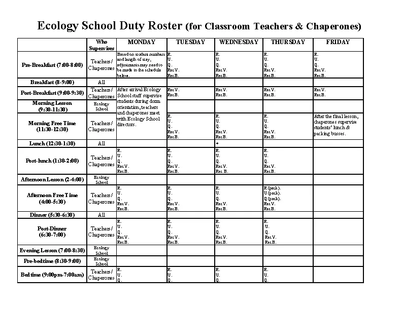 Classroom Duty Roster Template Free Download