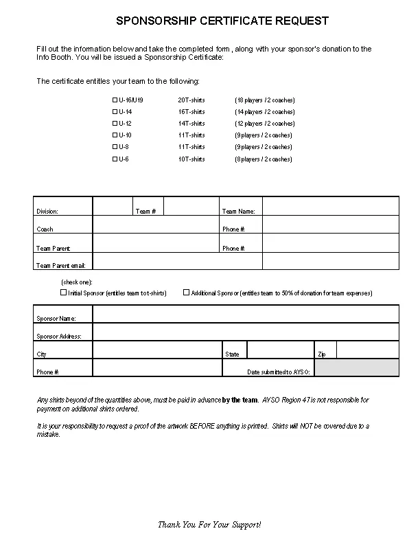 Team Sponsorship Certificate Request Form - PDFSimpli