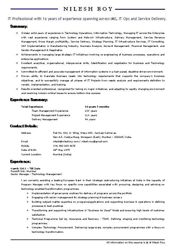 Technical Manager Resume