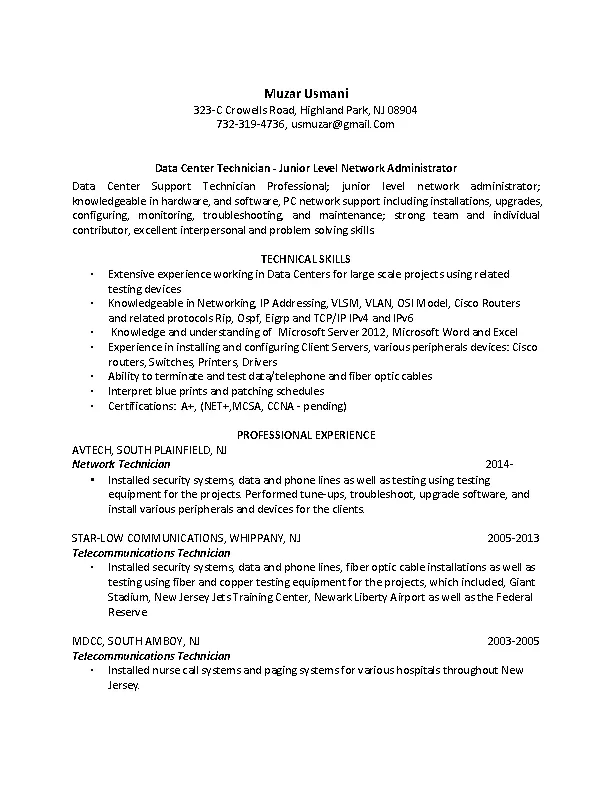 Telecommunications Technician Resume - PDFSimpli