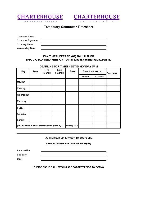 Temporary Contractor Timesheet Template In Pdf