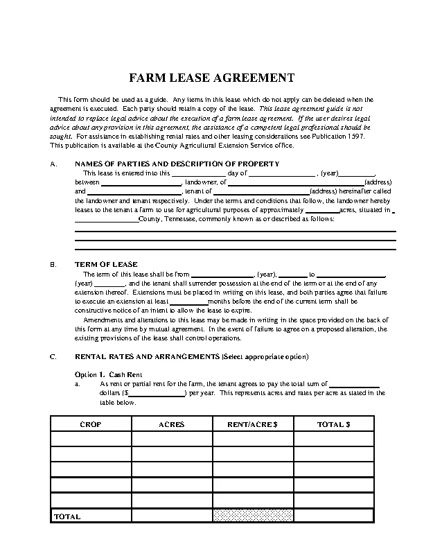 Tennessee Farm Lease Agreement Template