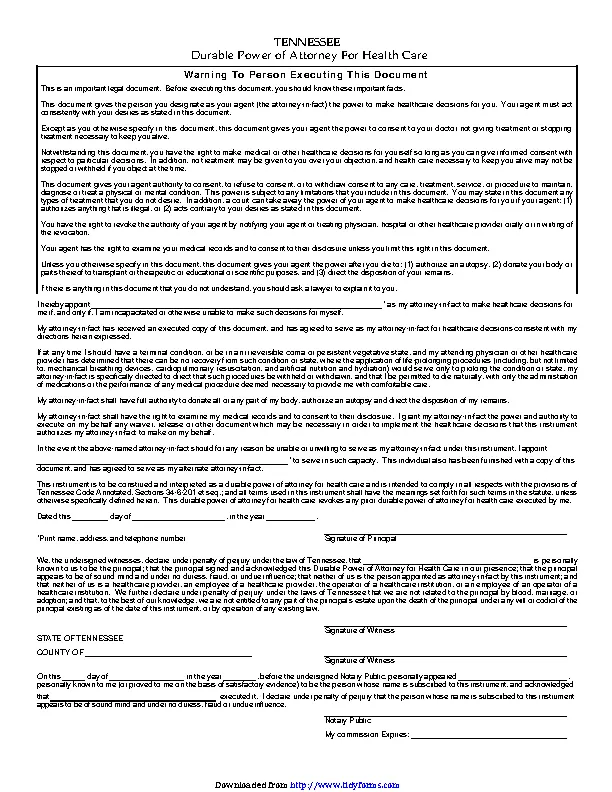 Tennessee Health Care Power Of Attorney Form - PDFSimpli