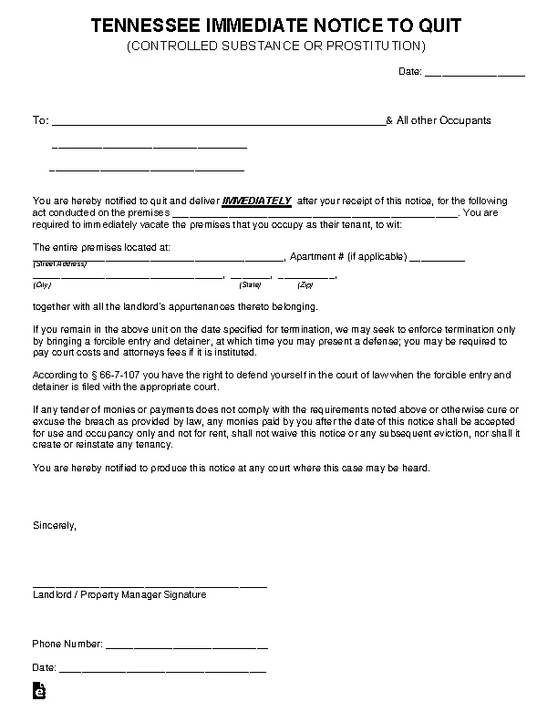 Tennessee Immediate Notice To Quit Form