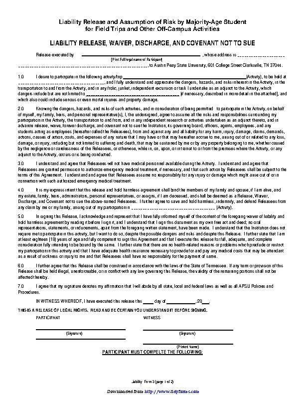 Tennessee Liability Release Form 1