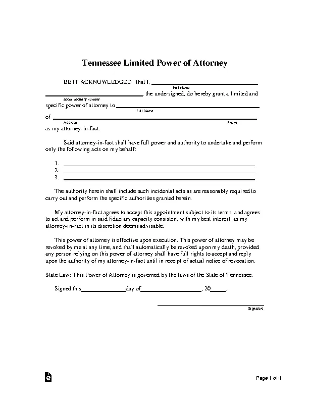 Tennessee Limited Power Of Attorney