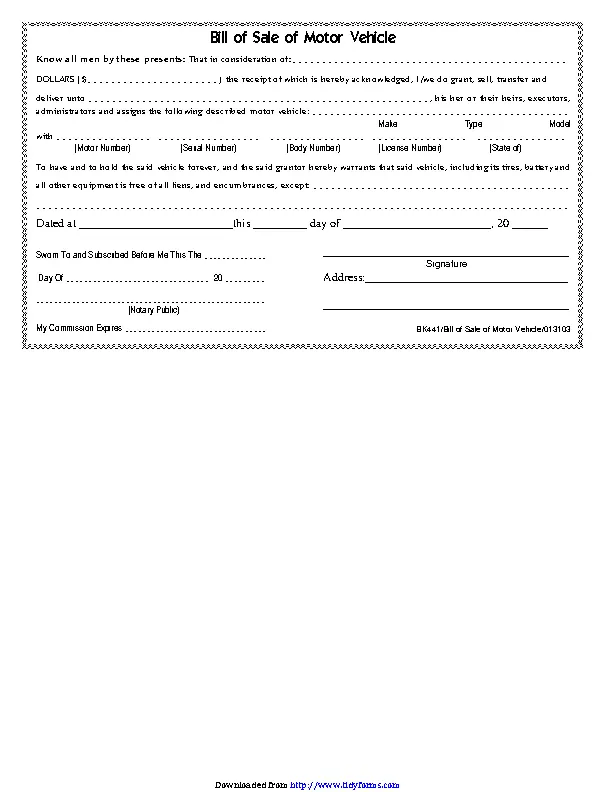 Tennessee Motor Vehicle Bill Of Sale Form